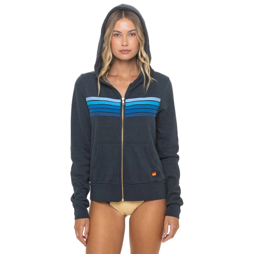 Aviator Nation 5 Stripe Zip Up Hoodie Charcoal Blue Small S
